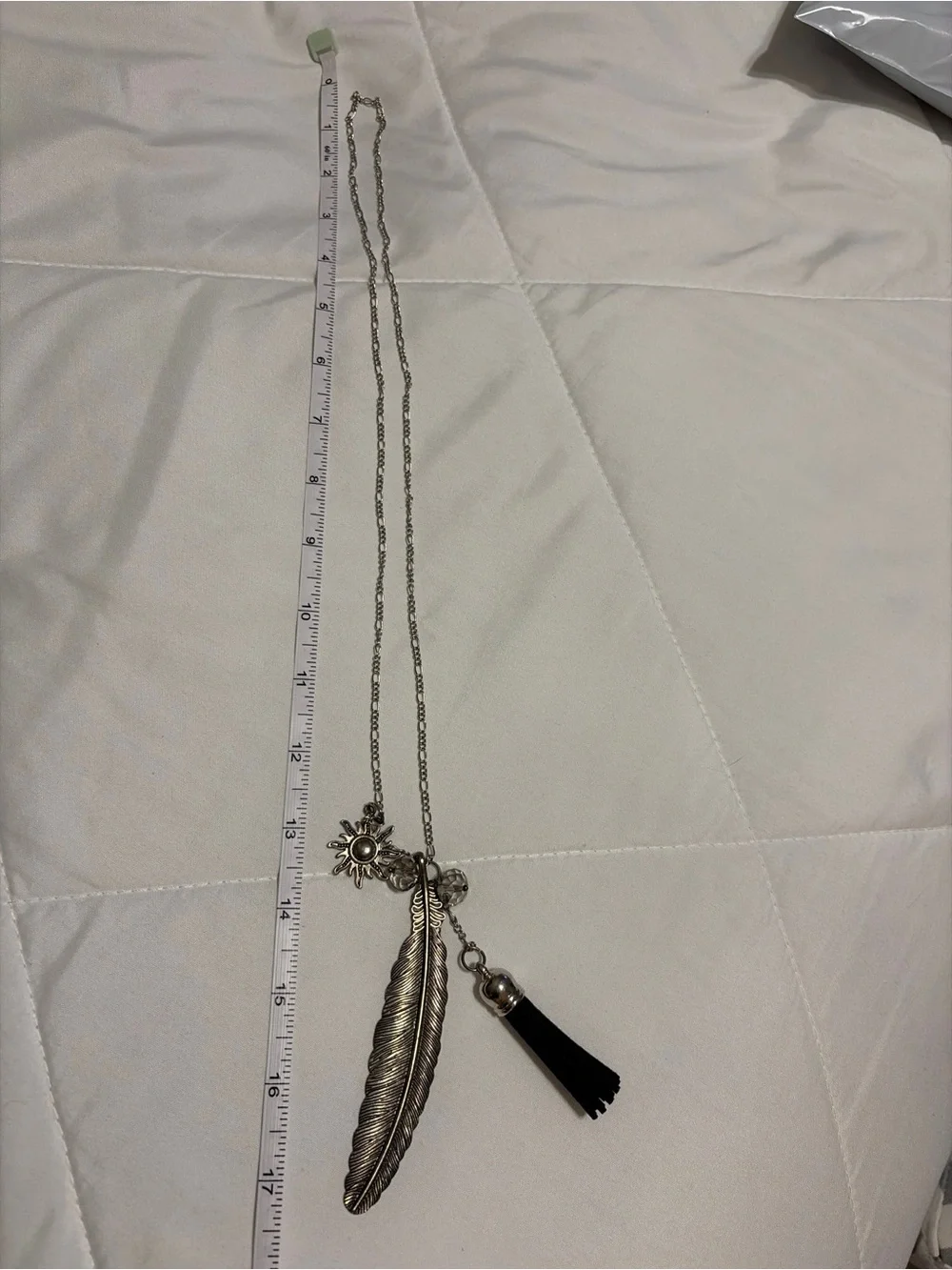 Boho Silver Tone Feather Sun Crystal Faceted Black Tassel Long Necklace
